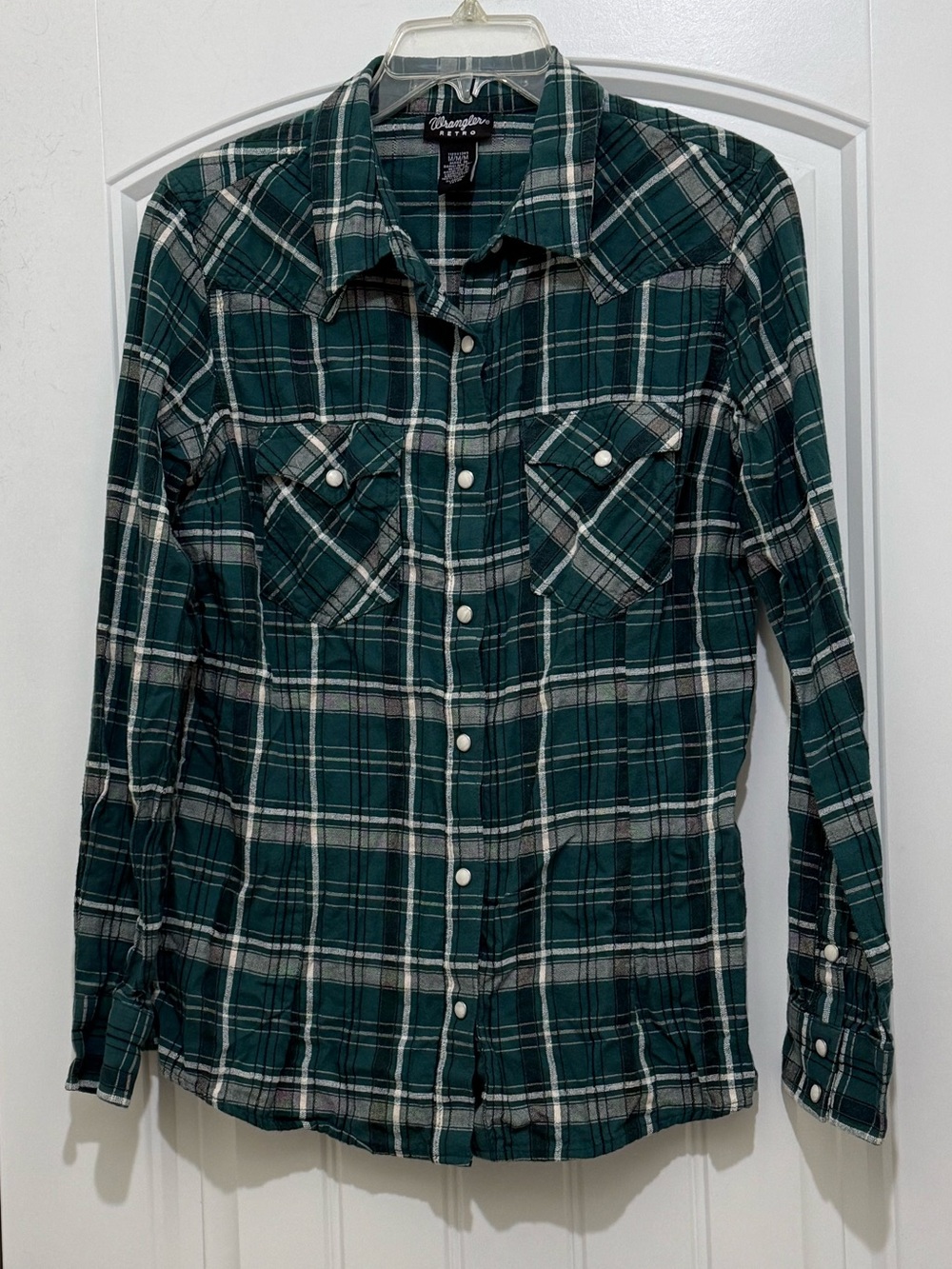 Wrangler Retro Dark Green Plaid Long Sleeve Pearl Snap Shirt - Womens Medium